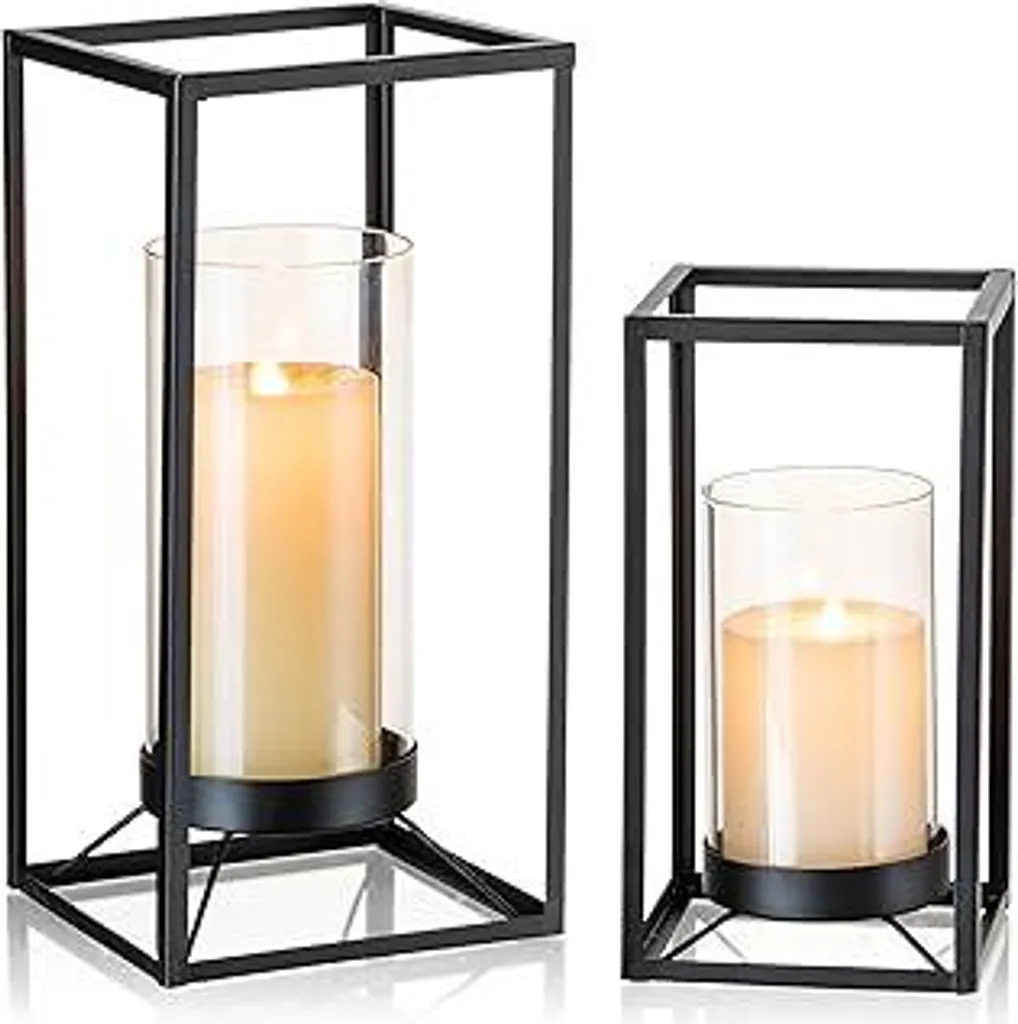 Portacandele Nero Set da 2 | Lanterne Decorative Tavolo Soggiorno Moderno