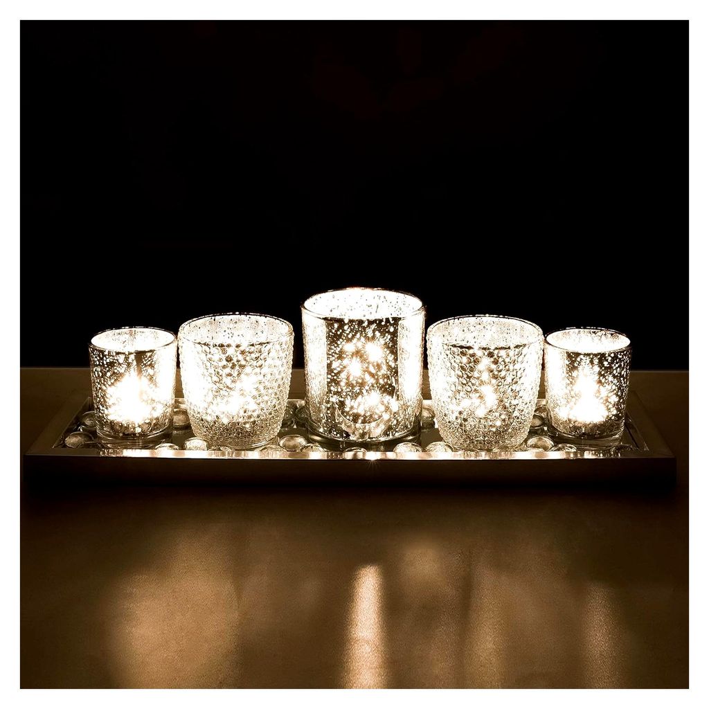 Teelichthalter Set, 5 Stück Kerzenhalter aus Glas mit Tablett und Glassteinen, Silberne Teelichtgläser für Tischdekoration, Windlichter für Wei...