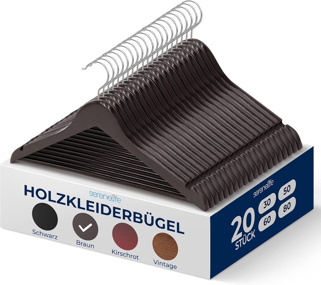 SereneLife Kleiderbügel Holz, 20 Stück- Holzbügel, Bügel aus Massivholz, Einkerbungen im Schulterbereich, Hangers Clothes mit Rutschfester Hose...