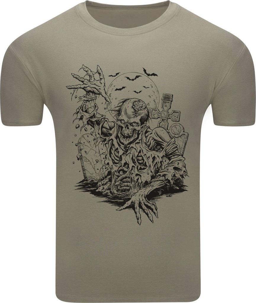 Diarbo Herren T-Shirt mit Düsterem Druck Zombie steigt aus dem Grab Khaki Gr.XL