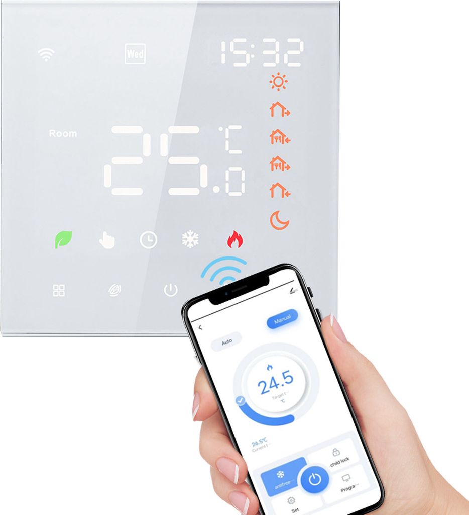A hand holding a smartphone displaying a thermostat app, with a smart thermostat device in the background.