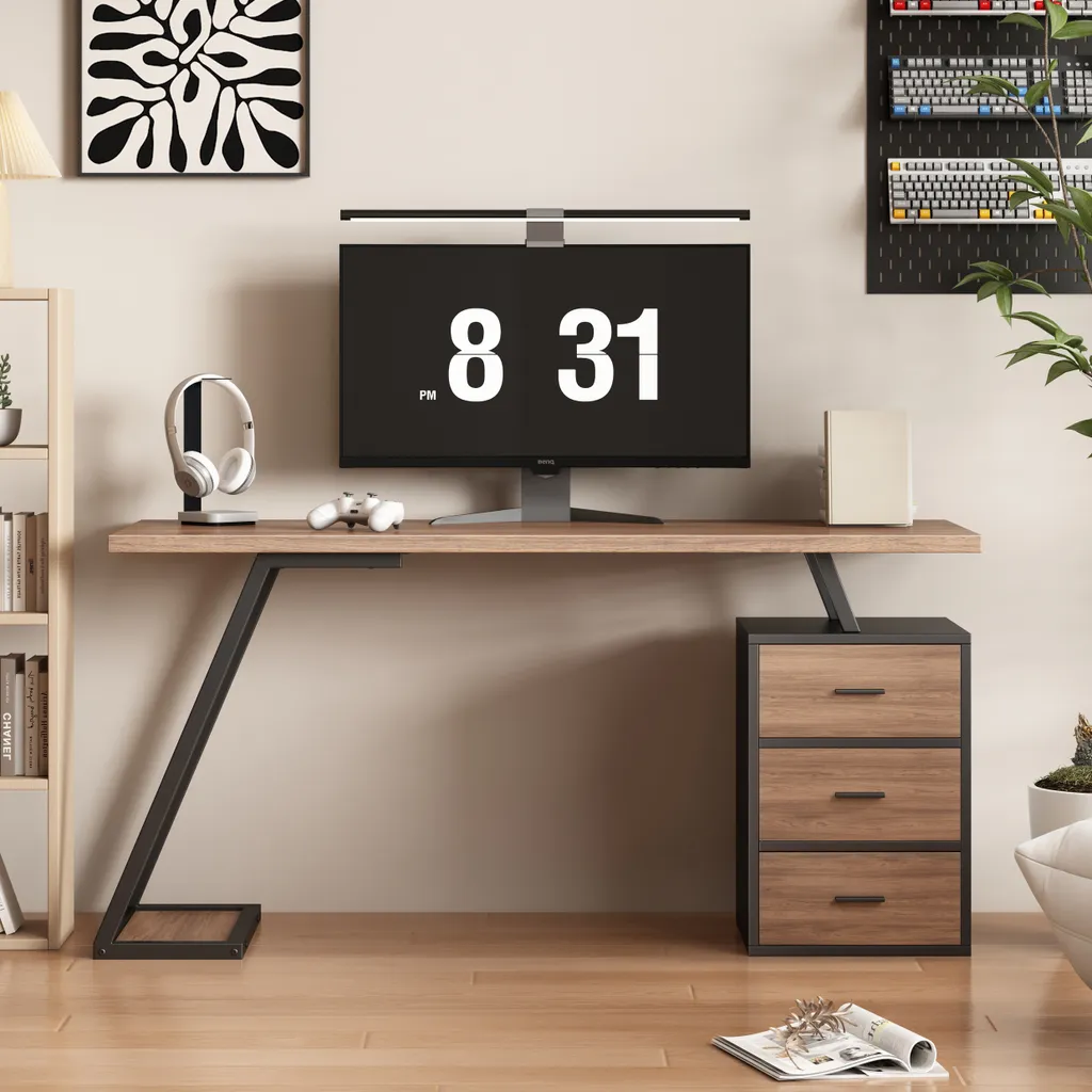 Bureau d'angle avec espace de rangement, table multifonction bois brun