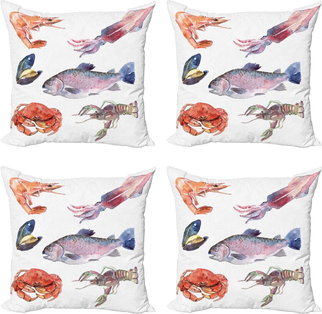 ABAKUHAUS Meerestiere Kissenbezug Set (4 Stück), Seetiere Aquarell, Moderner Doppelseitiger Digitaldruck, 40 cm x 40 cm, Mustard Navy