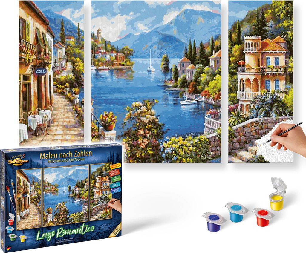 Schipper 609260818 Malen nach Zahlen - Lago Romantico - Bilder malen für Erwachsene, inklusive Pinsel und Acrylfarben, Triptychon, 50 x 80 cm