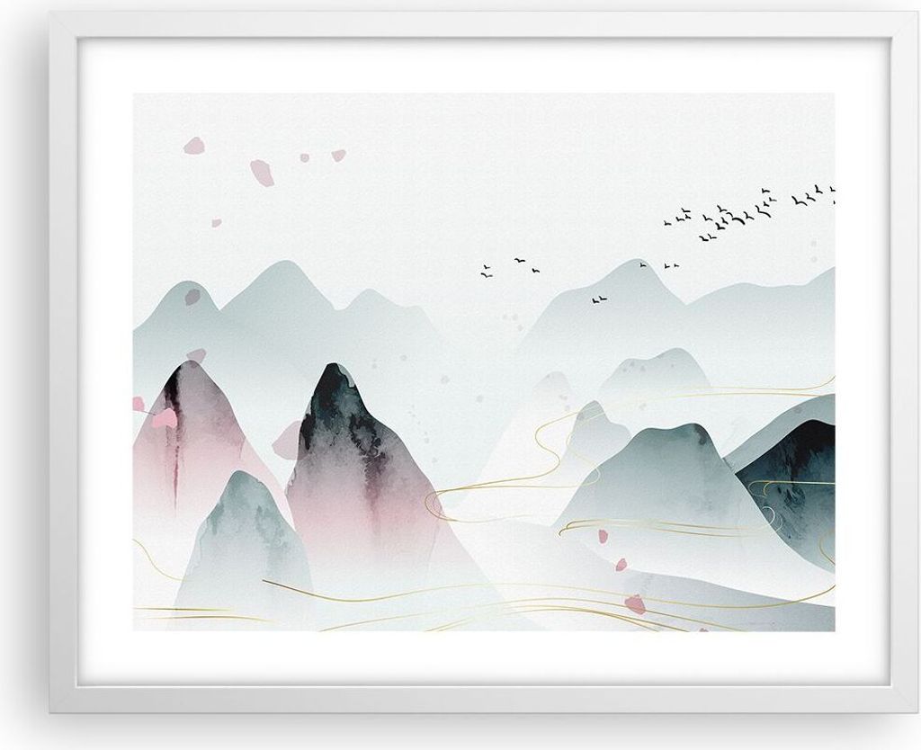 Gerahmtes Poster - Weißer Rahmen - Berge Vögel Modern - 50x40 cm - Wand Bild - Wanddeko - Wandbilder - Kunstposter - Wandposter - Bilderrahmen - ...