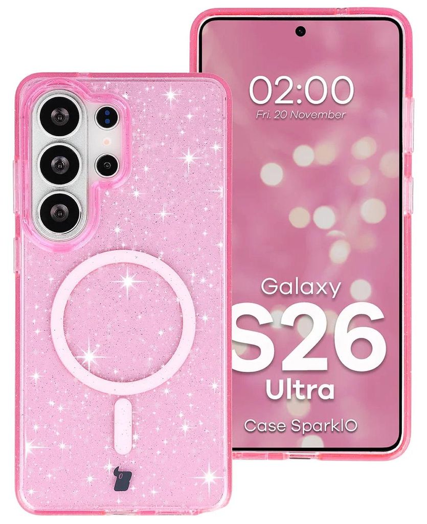 Glitzer Hülle mit Magnetring für Galaxy S26 Ultra, Bizon Case SparklO, Transparent-Rosa mit Glitzer