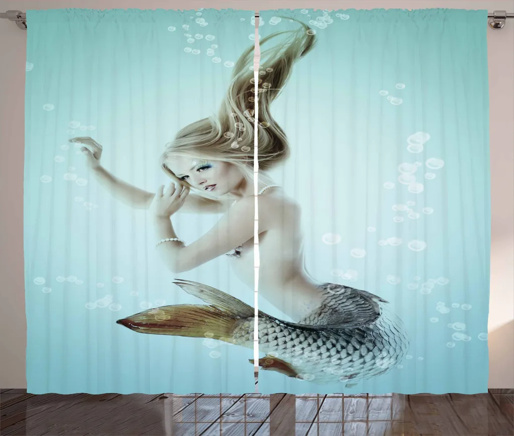 ABAKUHAUS Rideau Froncé Sirène Mythologique Bleu et Brun 280 x 225 cm