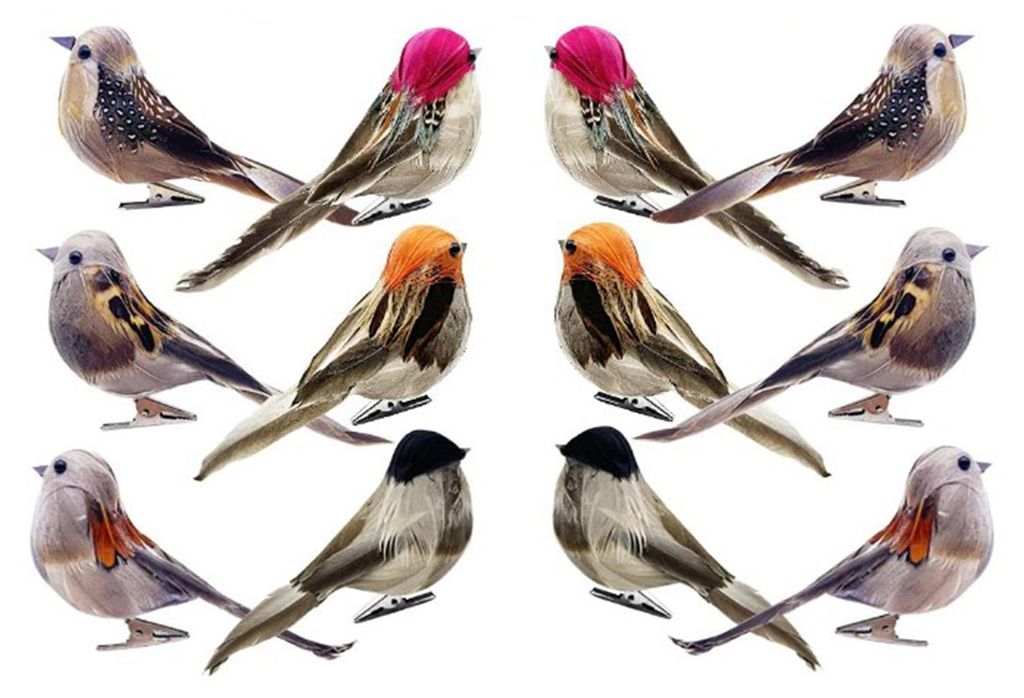 12 künstliche Sperlingsvögel in 6 verschiedenen Farben, realistisch und lebensecht, mit Befestigungsclip, ideal als Dekoration für Zuhause.