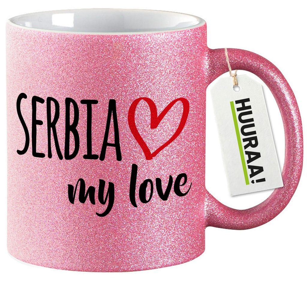 Huuraa Glitzertasse Serbia my love 330ml Pink Keramik Kaffeebecher Geschenkidee