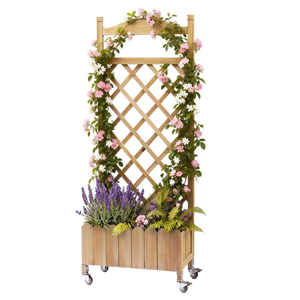 Rankgitter Pflanzkasten mit Rollen, Holz Hochbeet mit Spalier, wetterbeständiger Pflanzenkübel mit Drainagelöchern, mobiler Blumenkasten 49x28x1...
