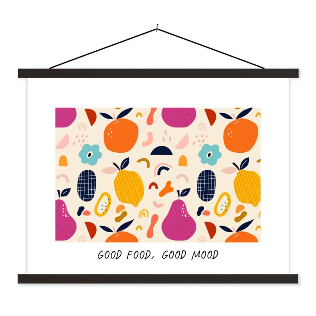 MuchoWow Textilposter Zitate - Essen - Gutes Essen, gute Laune - Sprichwörter 40x30 cm mit schwarzem Rahmen - Dekorationen