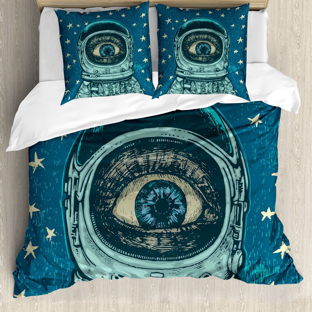 ABAKUHAUS Astronaut Bettbezug, Amazed Astronaut Eye, Milbensicher Allergiker geeignet mit Kissenbezügen, 155 cm x 220 cm - 80 x 80 cm, Dark Blue Teal