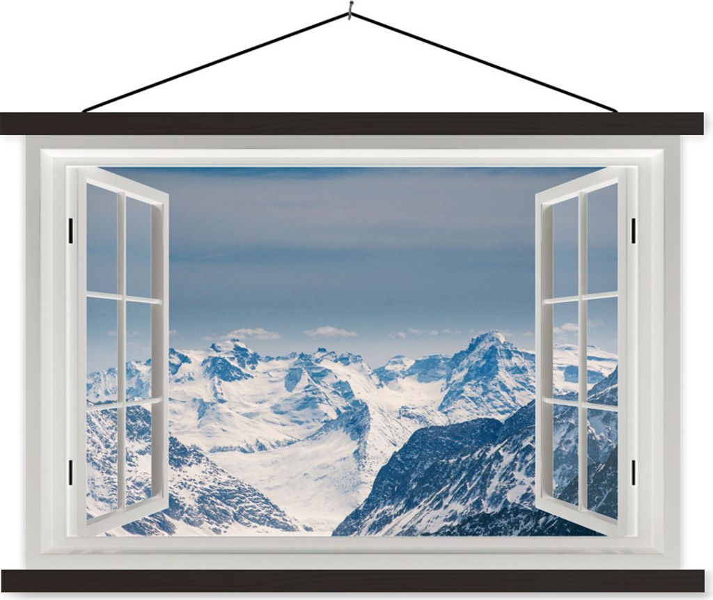 MuchoWow Textilposter Aussicht - Schnee - Berge 90x60 cm mit schwarzem Rahmen - Aufhängungssatz