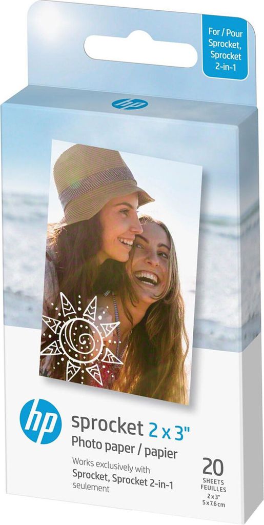 A box of HP Sprocket photo paper with a picture of two smiling women on the front.