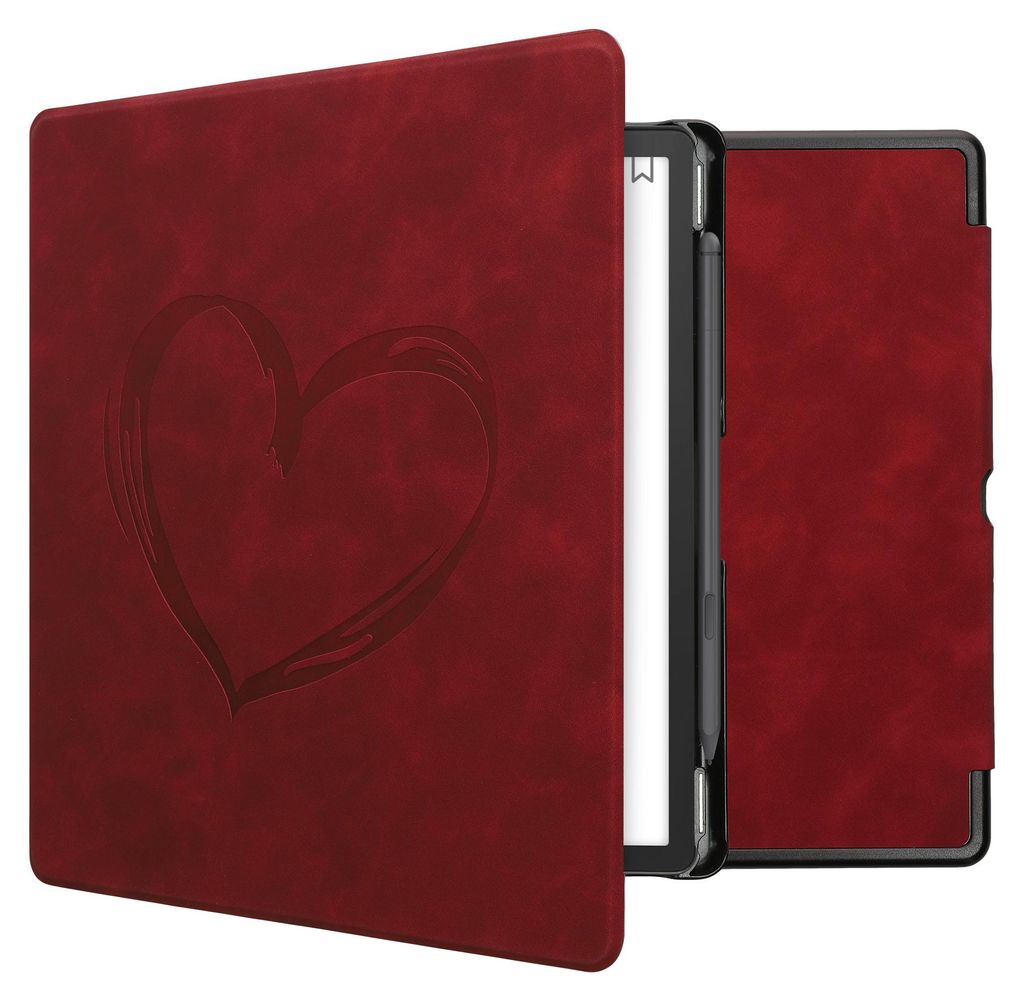 kwmobile Schutzhülle für Amazon Kindle Scribe (2022/2024) Hülle - eReader Case aus Kunstleder mit Auto Sleep Funktion - Herz Brush mit Dunkelrot