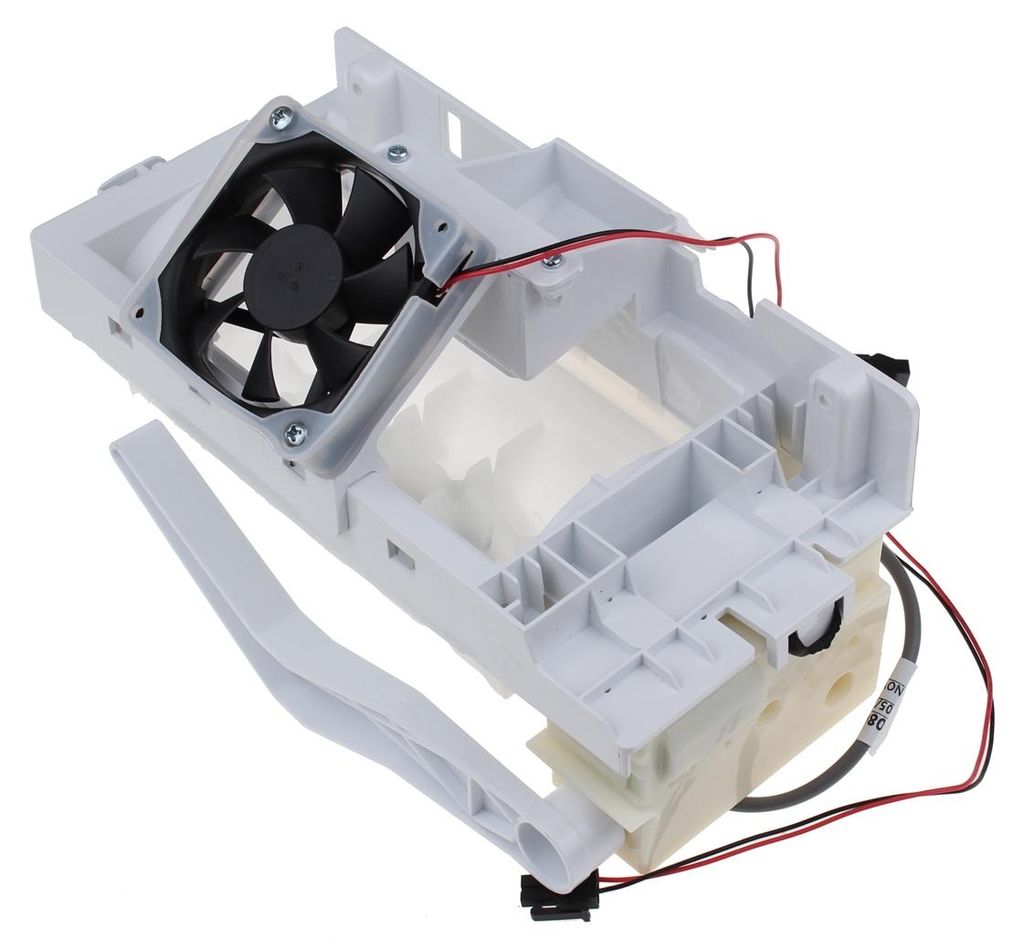 A white plastic component with a black fan attached, likely from a refrigerator or similar appliance.