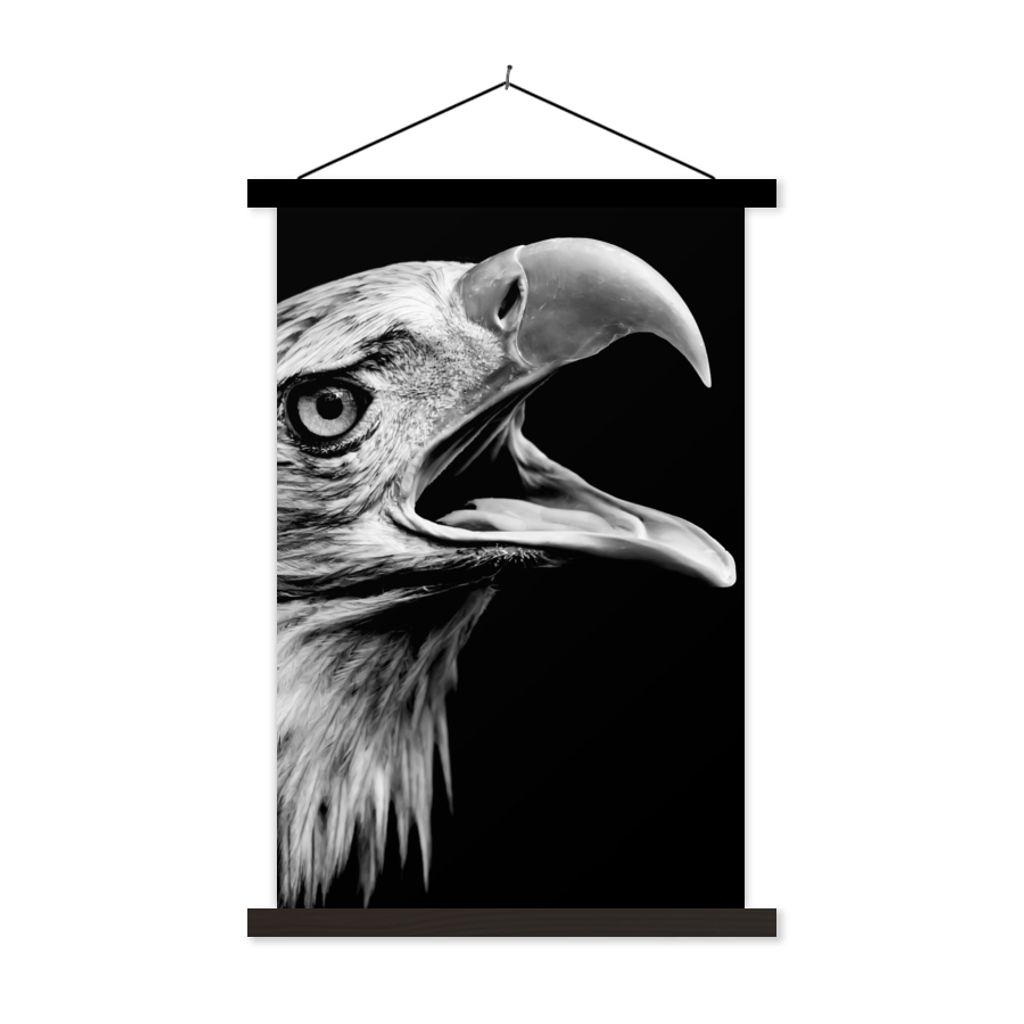 MuchoWow Textilposter Adler - Porträt - Raubvögel - Schwarz - Weiß - Vogel 40x60 cm mit schwarzem Rahmen - Wanddekorationen
