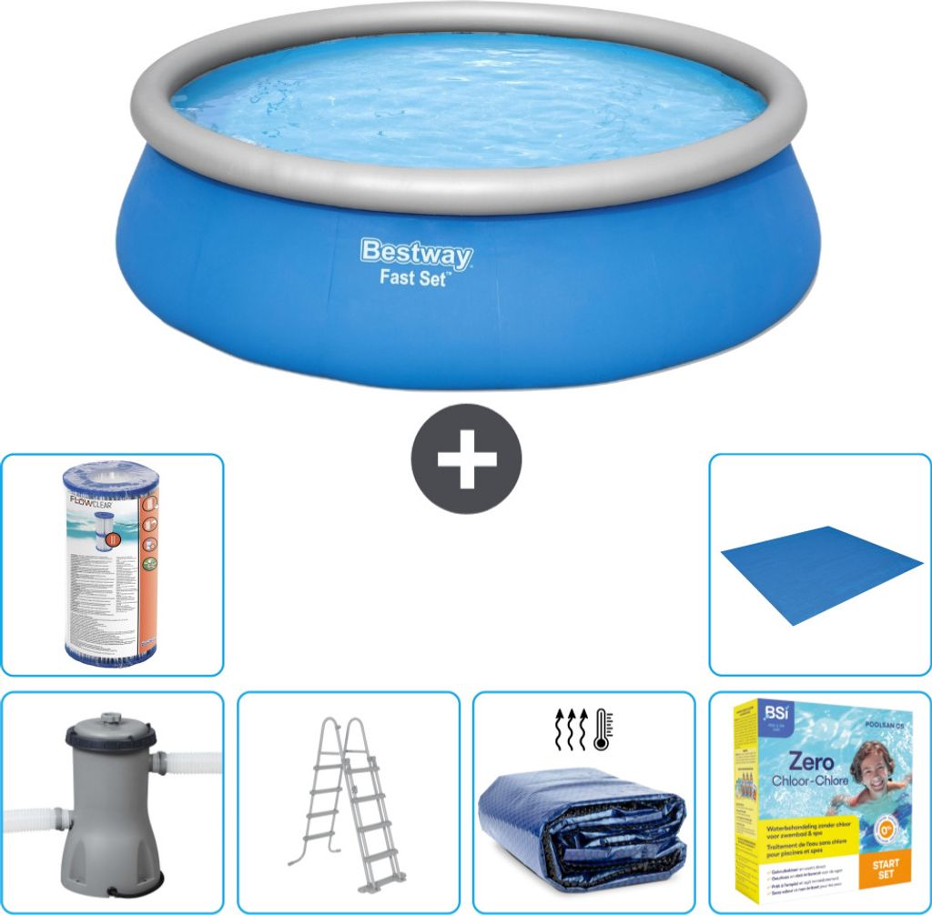 Bestway runder aufblasbarer Fast-Set-Schwimmpool – 457 x 122 cm – Blau – inklusive Pumpe – Leiter Sonnensegel - Wartungspaket - Filter - Bo...