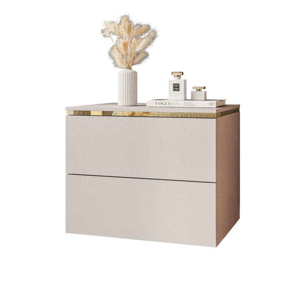 A modern, minimalist bedside table with two drawers, decorated with a vase of dried flowers and perfume bottles.