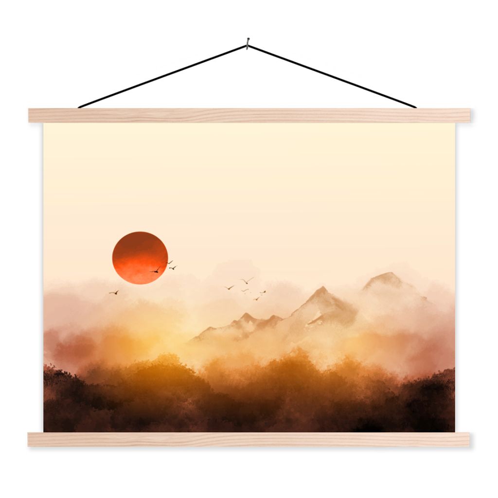 MuchoWow Textilposter Gemälde - Vogel - Berge - Sonne - Öl 120x90 cm mit holzfarbenen Rahmen - Magnetisch