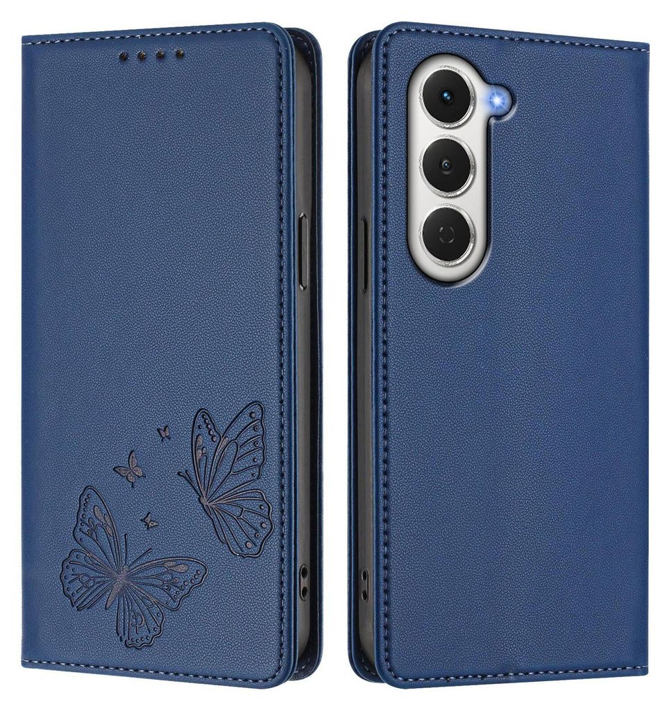 Lederhülle für Tecno Spark 40 Pro, Schmetterling Prägung Leder Brieftasche Schutzhülle mit Ständer Dunkelblau
