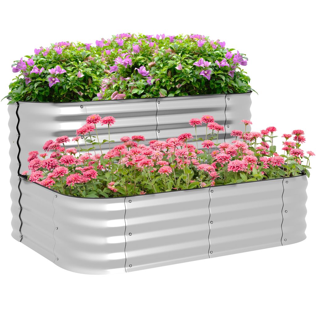 Outsunny Hochbeet Metall, 2-Stufiger Blumenkasten, Pflanzkasten, Gemüsebeet mit Schrauben, Kräuterbeet für Garten, Balkon, Silber, 118 x 45 x 30 cm