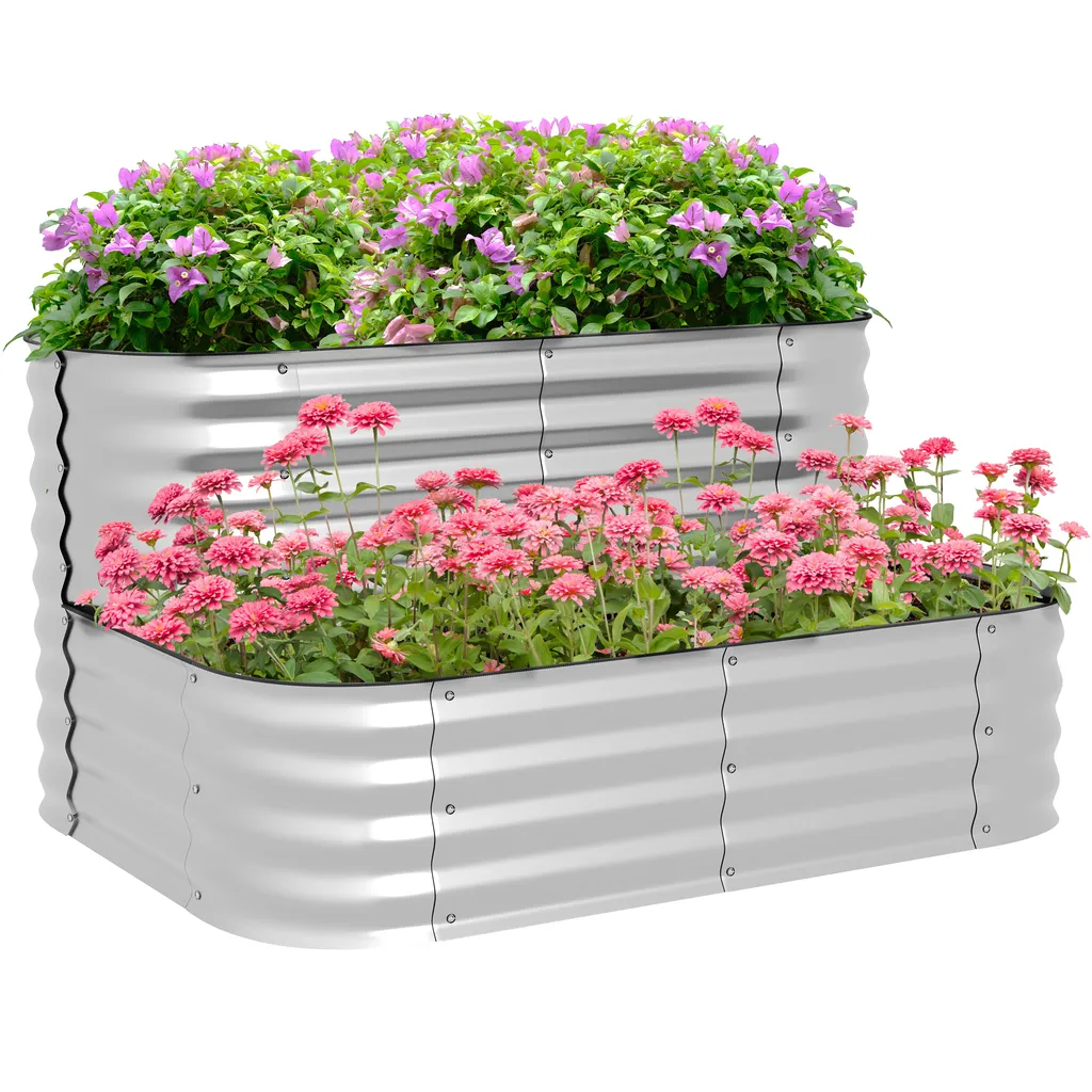 Outsunny Bac à Fleurs Surélevé en Métal Argenté 2 Niveaux 118x45x30 cm