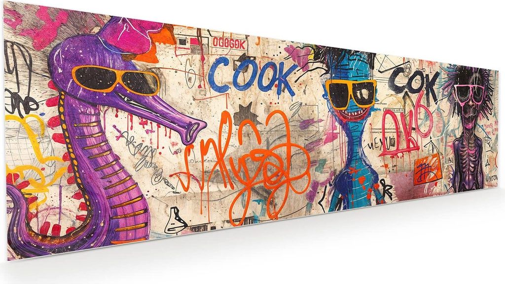 Glasbild 120x40cm in XXL für Wohnzimmer, Schlafzimmer Motiv Graffiti Tiere