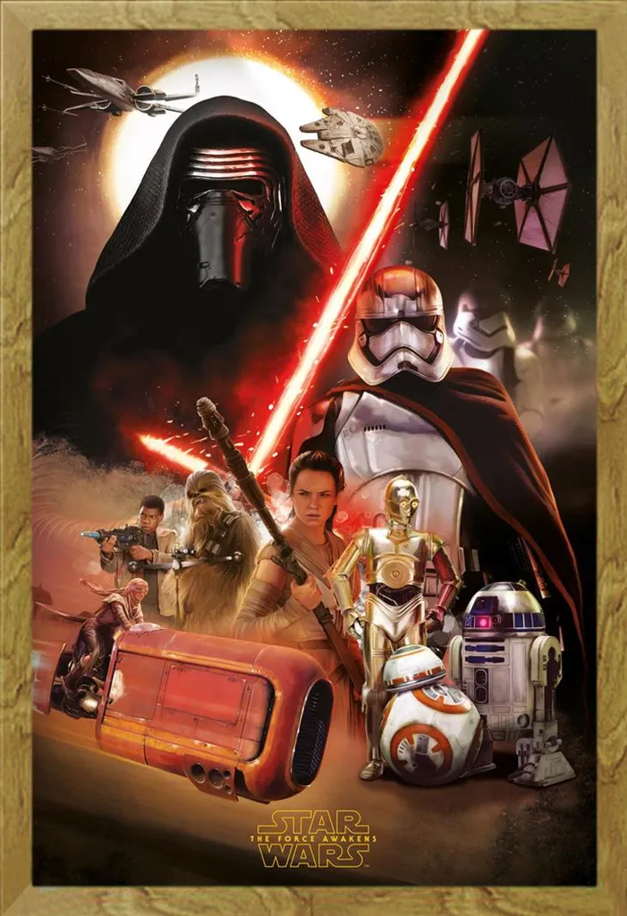 Affiche Star Wars EP7 Montage et Cadre MDF Chêne avec Vitre Acrylique Pro