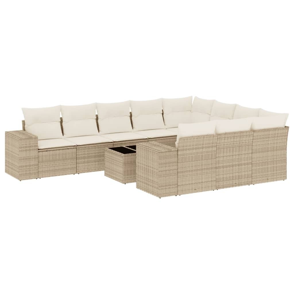 vidaXL 11-tlg. Garten-Sofagarnitur mit Kissen Beige Poly Rattan