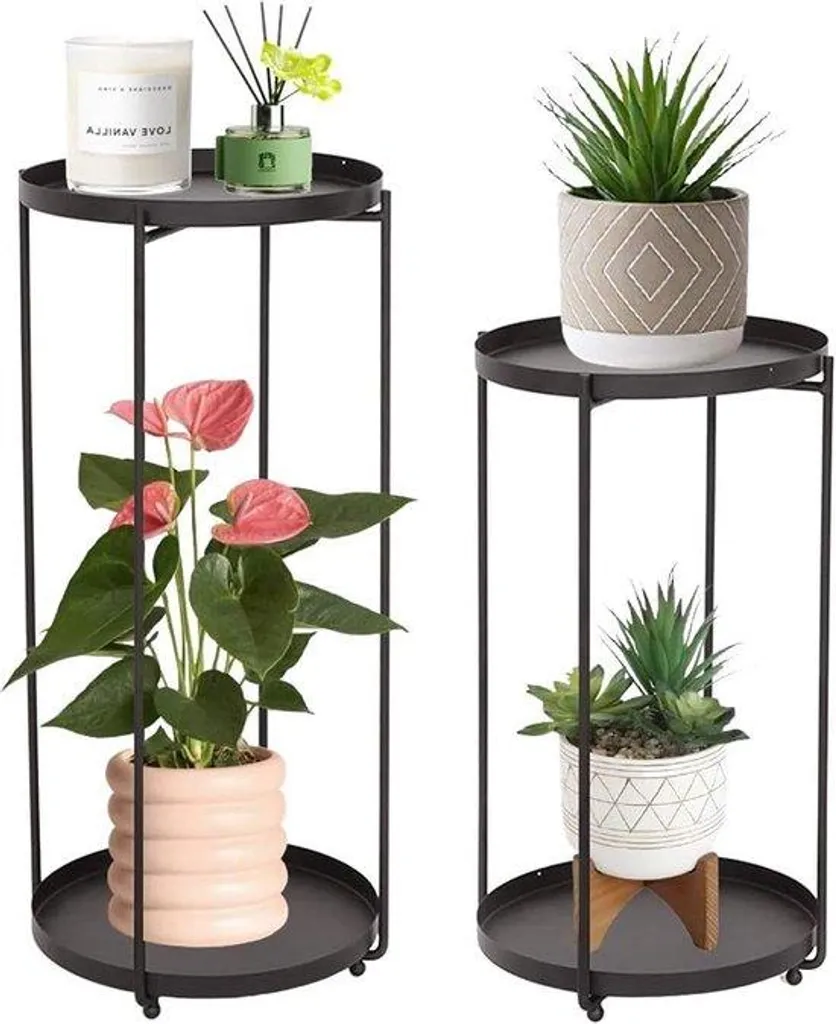 Étagère à fleurs intérieure en métal noir 2 étages - Jardinière haute