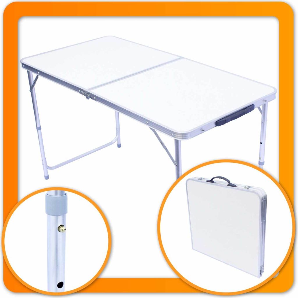 A white folding table is shown in an open position, with close-up views of its leg and folded state.
