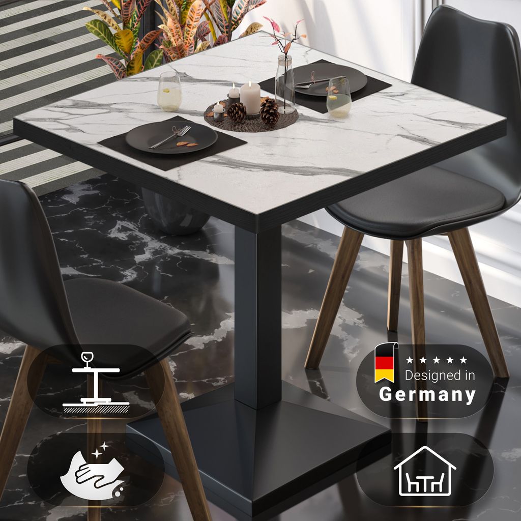 BPA | Bistro Tisch | Quadratisch | Schwarzer Rand | 60 x 60 x 78,5 cm | Weiß Marmor / Schwarz | Bistrotisch Gastro Tisch
