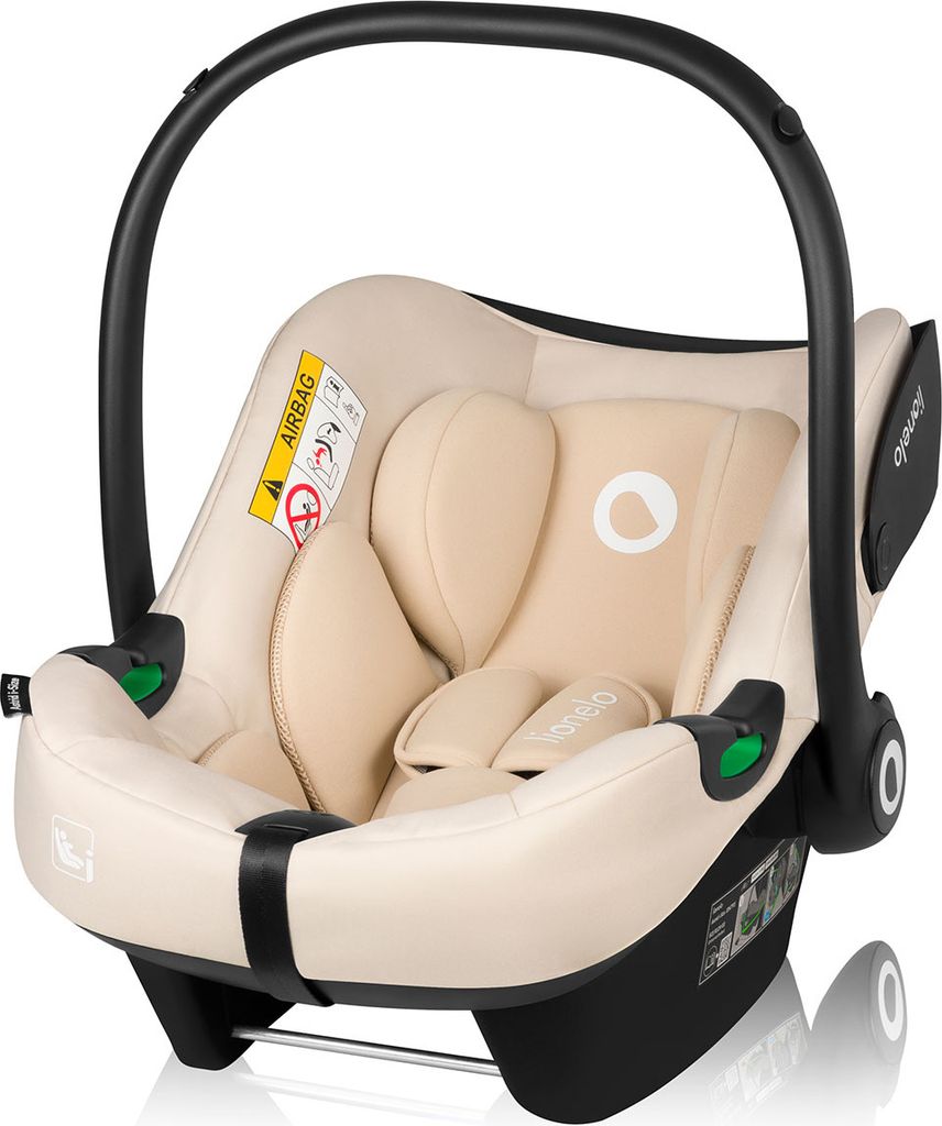 A beige and black baby car seat with a black handle, shown from a front-diagonal angle on a white background.