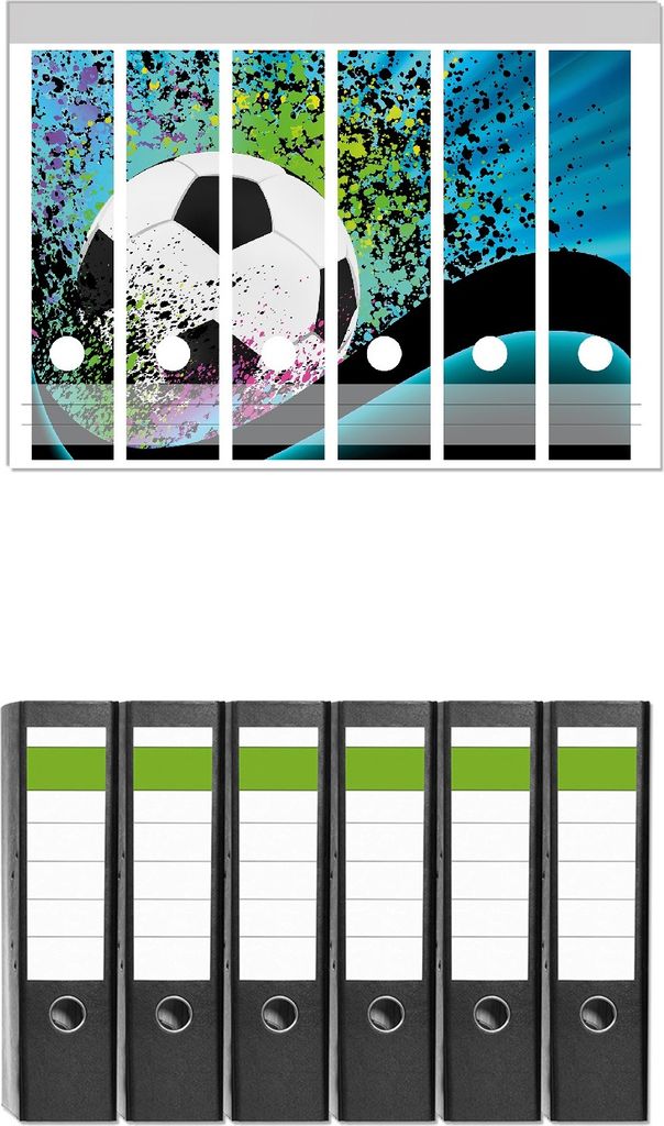 Wallario 6 Stück breite Ordner inkl. Klebeetiketten mit Motive Fußball - Design Wellen und Regenbogen in blau - Set mit Rückenschildern / Ordne...
