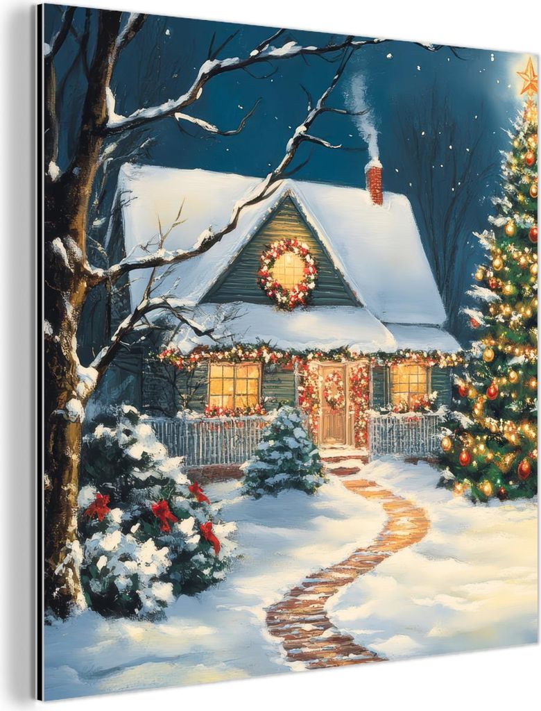 MuchoWow Wanddekoration Metall Metallbild Wandkunst 20x20 cm Weihnachten - Weihnachtsbaum - Winter - Zuhause - Schnee MuchoWow Aluminium Gemälde -...