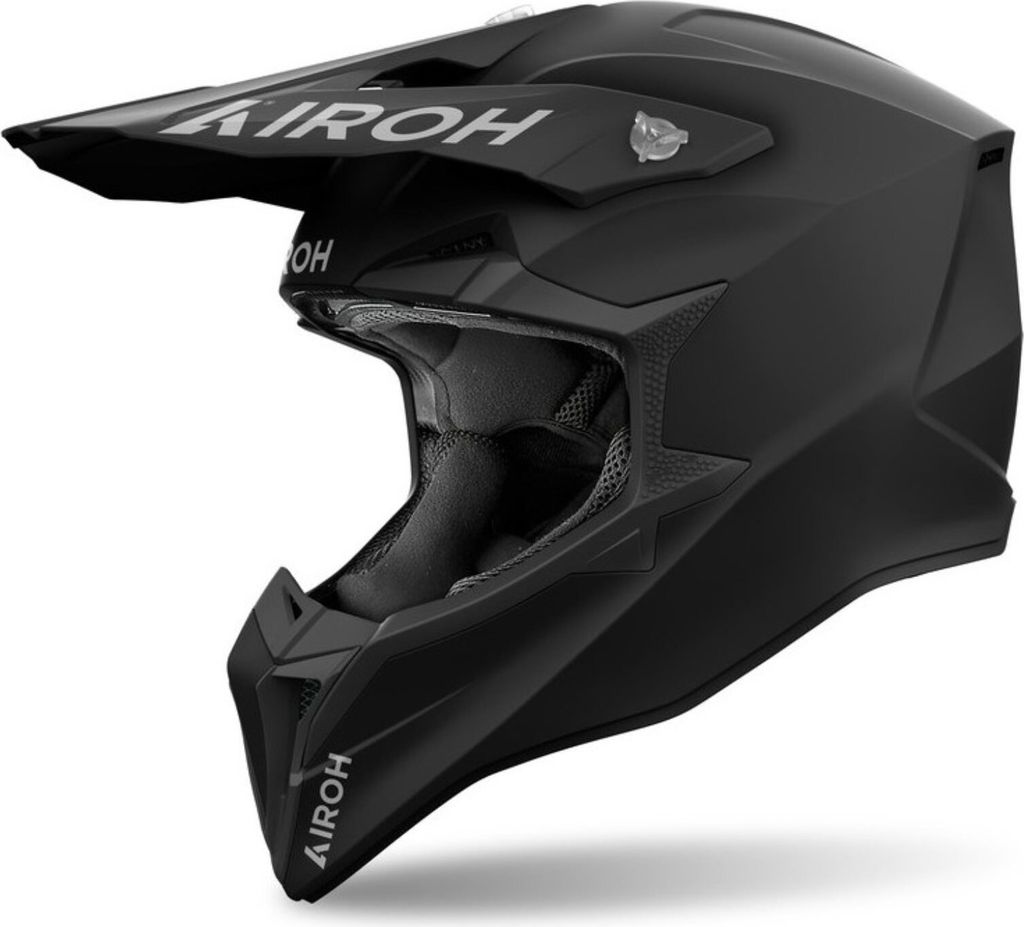 A black Airoh motocross helmet is shown against a white background.