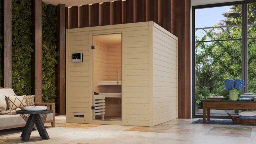Karibu Sauna Innensauna Mojave Fronteinstieg Ofen 9 kW externe Strg easy 196x195x200 cm ohne Dachkranz mit Klarglastür