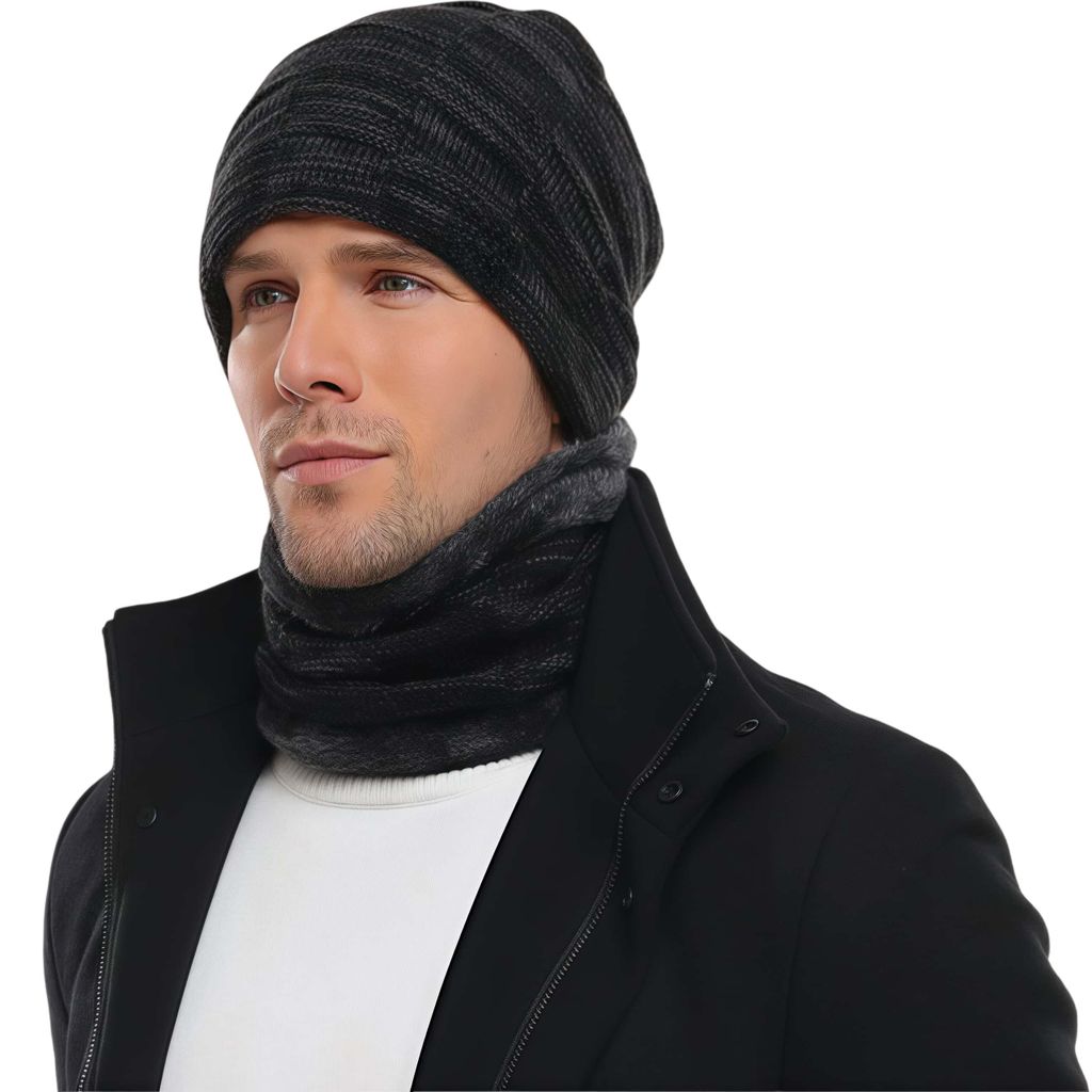 Mütze Herren Damen, Winter Warm Beanie Mütze und Loop Schal Set mit Fleece Gefütterte, Thermo Wintermütze Strickmütze Schals Set
