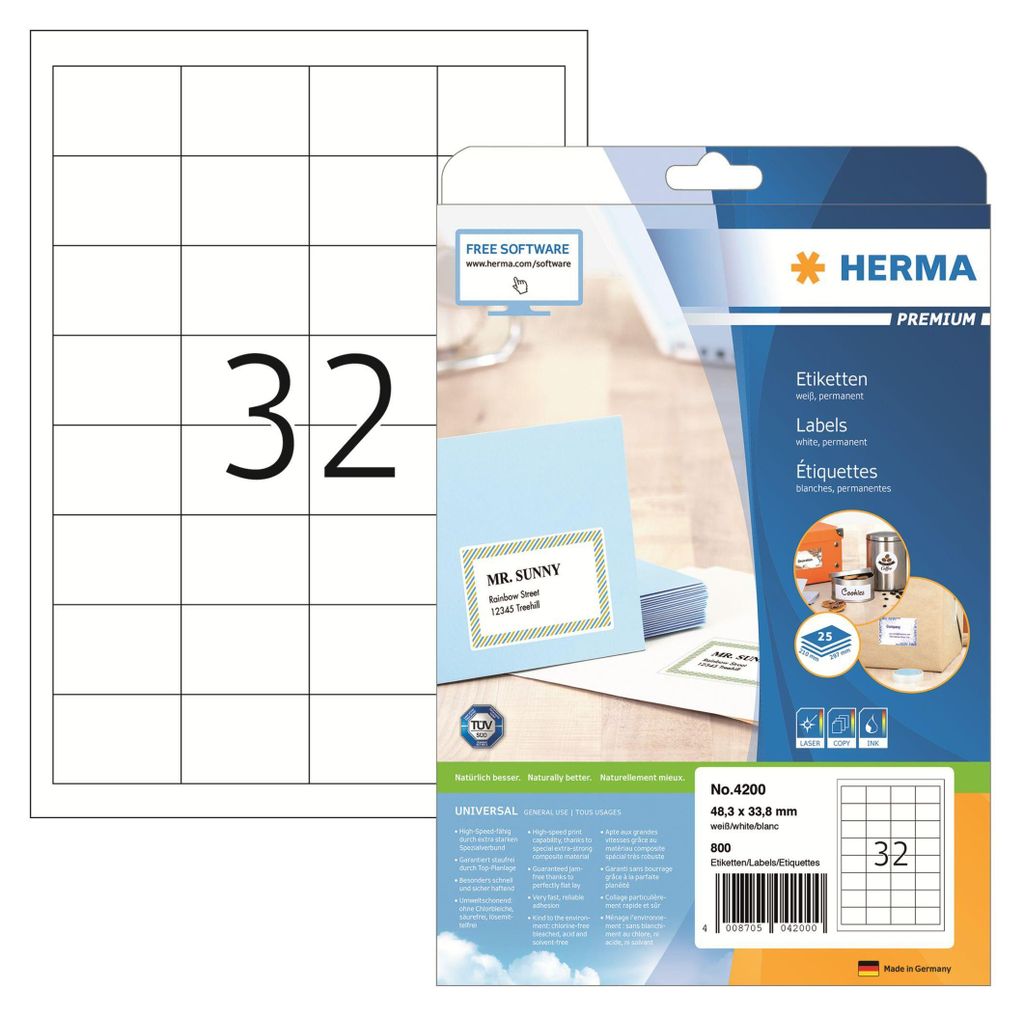 Etiketten Premium A4, weiß 48,3x33,8 mm Papier matt 800 St. Produktbild 