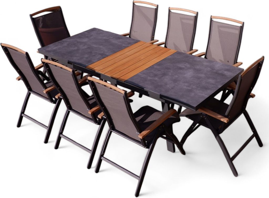 ALEOS. Gartengarnitur Gartenset Aluminium TEAK Set mit Ausziehtisch 180x90cm auf 240cm ausziehbar + 8 Hochlehner anthrazit Trinidad
