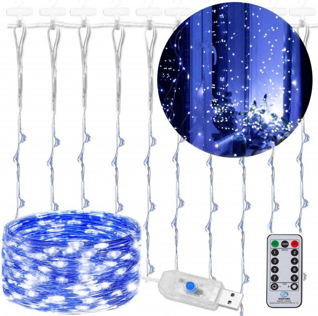 A product image of LED string lights, showing them hung as a curtain and coiled up, with a remote control and USB connector.