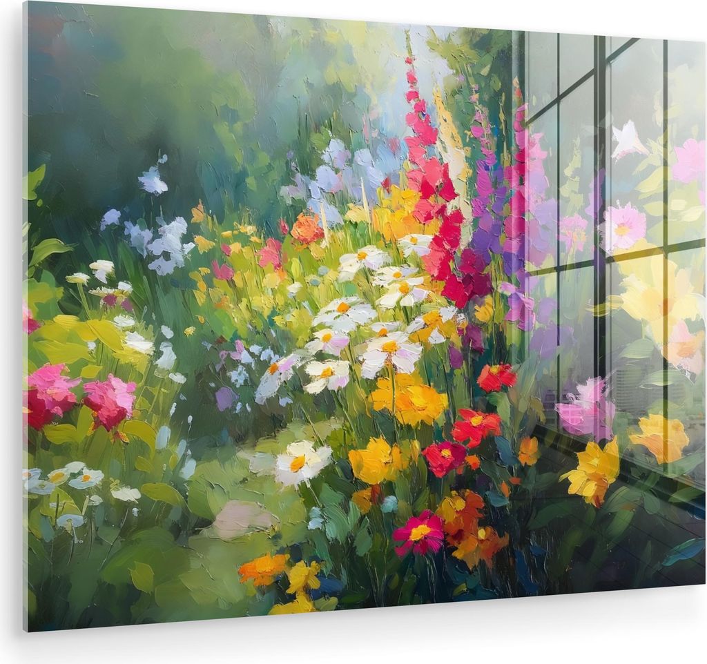 MuchoWow Glasbilder - Bilder auf Wandbild - Foto auf Glas Sommergarten - Atmosphärisch - Blumen 80x60 cm Wanddekoration aus Glas - Acrylglasbild -...