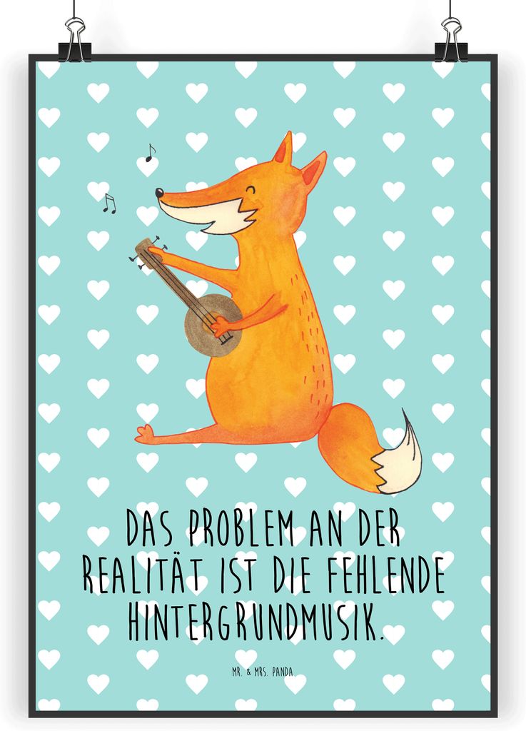 Mr. & Mrs. Panda Bild Fuchs Gitarre DIN A5 - Türkis Pastell - Geschenk, wanddeko, drucke, Musik, Singen, Füchse, Sänger, Wandbild, grafikposter,...