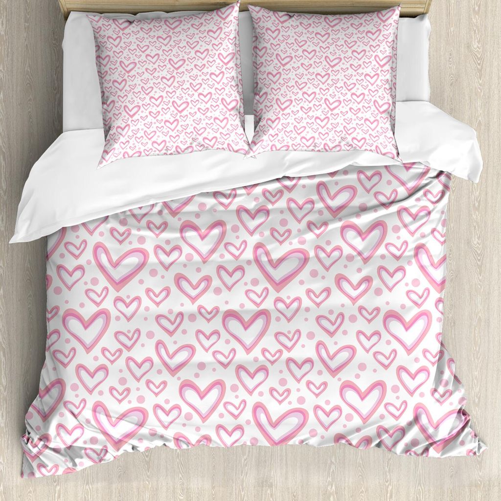 ABAKUHAUS Vintage Valentine Bettbezug Set, Pastell Design Muster der Herzen und Runden, 155 x 220 cm + 80 x 80 cm, Rosa Blassrosa