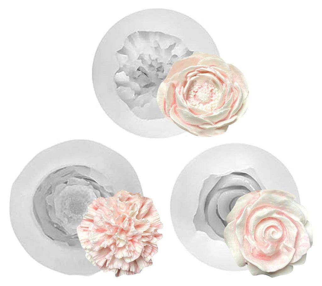 Dreiteilige 3D-Silikonform für Blumen, Rosen, Nelken, Pfingstrosen, Kerzen, Gussformen für handgefertigte Duftkerzen, Seife, Gips- und Harzkunstw...