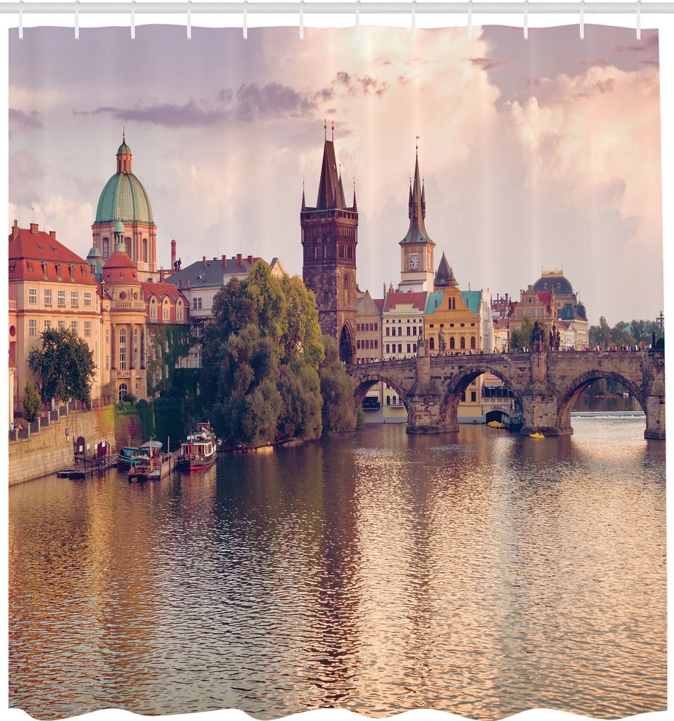 ABAKUHAUS Landschaft Duschvorhang, Pastorale Ansicht Bei Charles Bridge Spires Von Prag Mitteleuropa Gotike Gebäude Bild, Stoffliches Gewebe Badez...