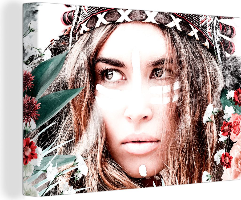 OneMillionCanvasses - Leinwandbilder - 140x90 cm, Frau - Blumen - Indischer Kopfschmuck - Rosen - Blumen, Wandbilder Kunstdruck Wanddekoration - ...