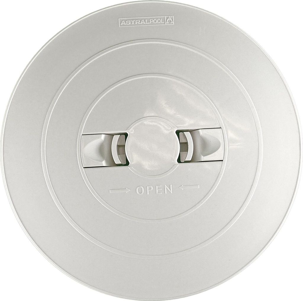 A white round skimmer lid with two handles and the word 'OPEN' printed on it.