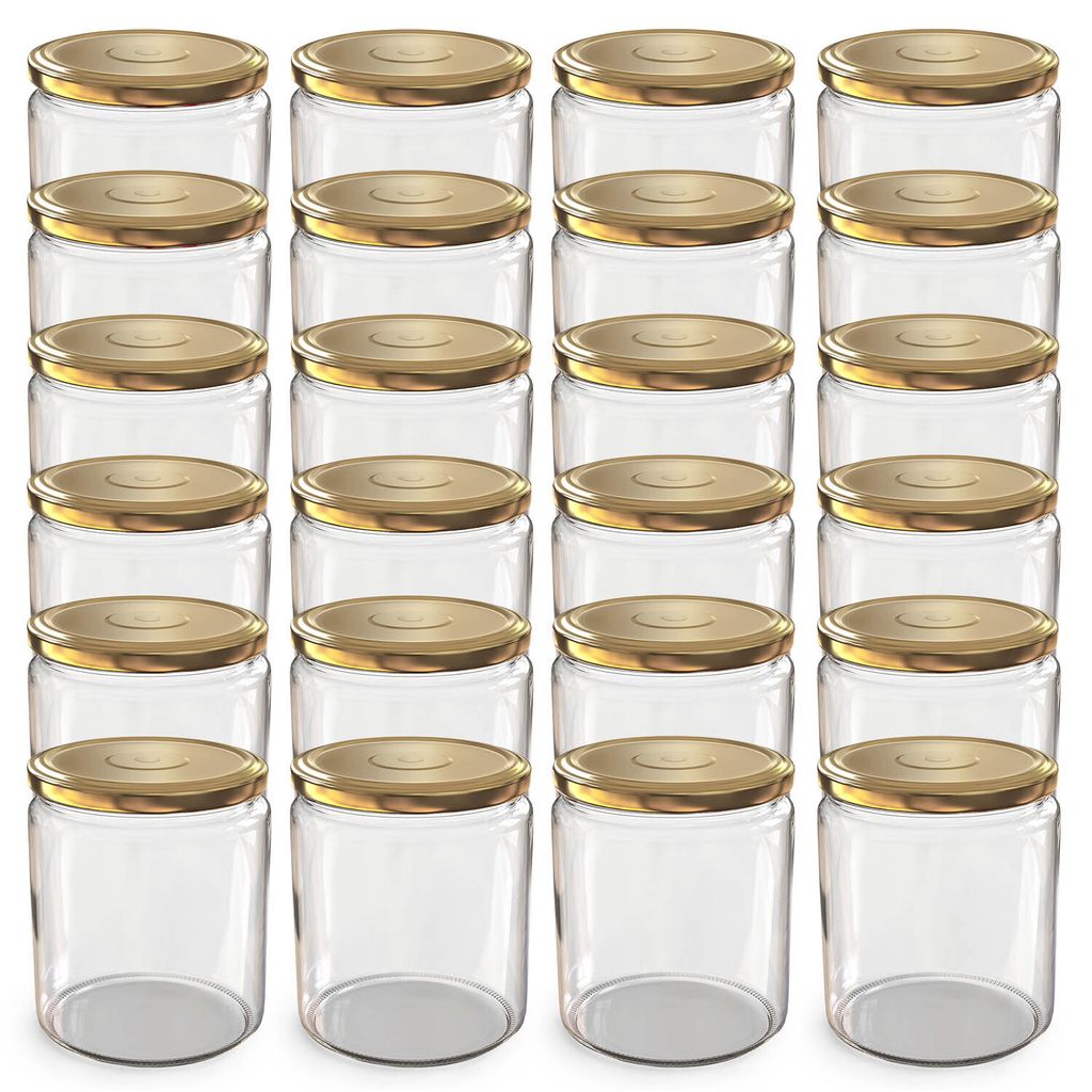 A grid of empty glass jars with gold lids.
